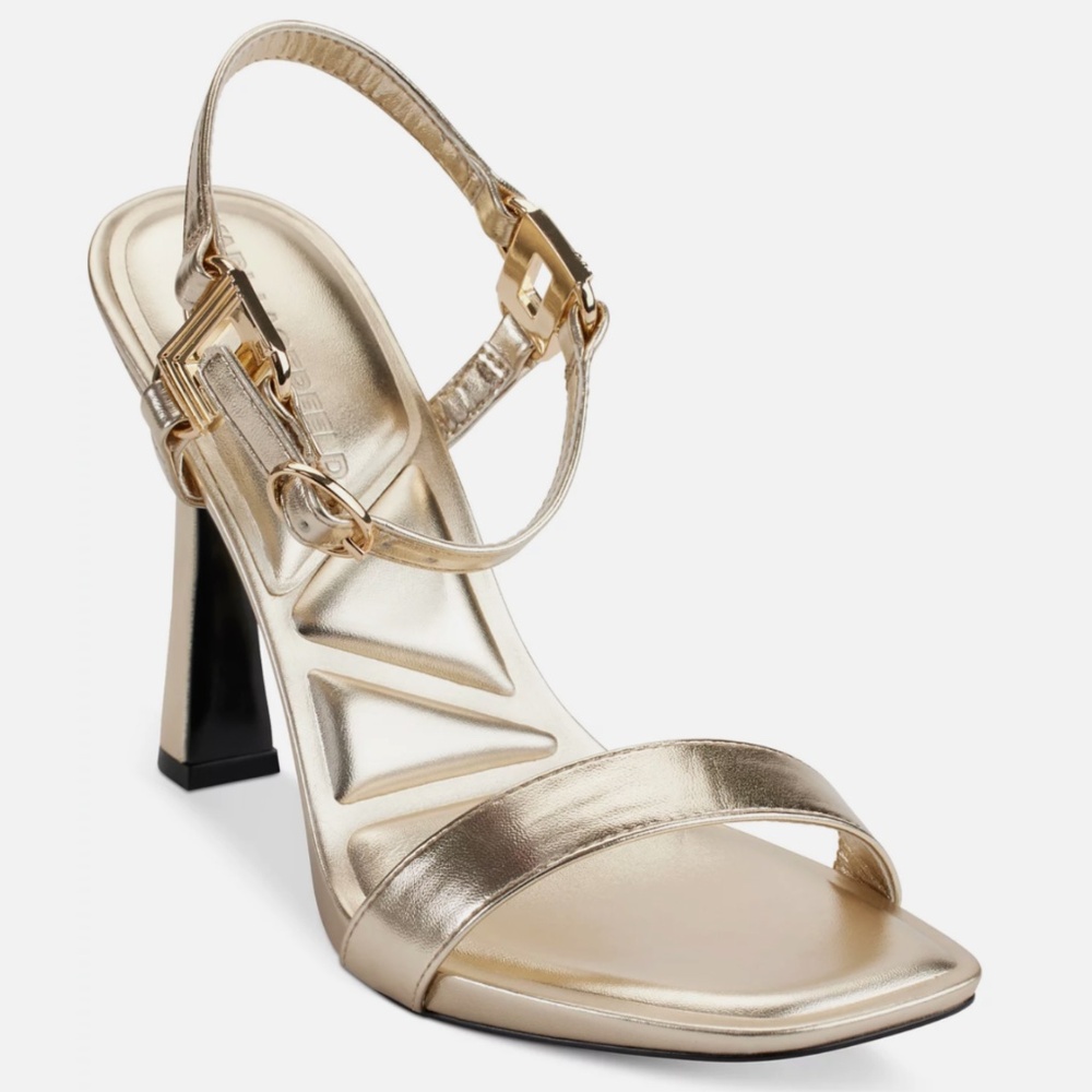 KARL LAGERFELD PARIS "Cybil" Gold High-Heel Square-Toe Sandals Size: 9M